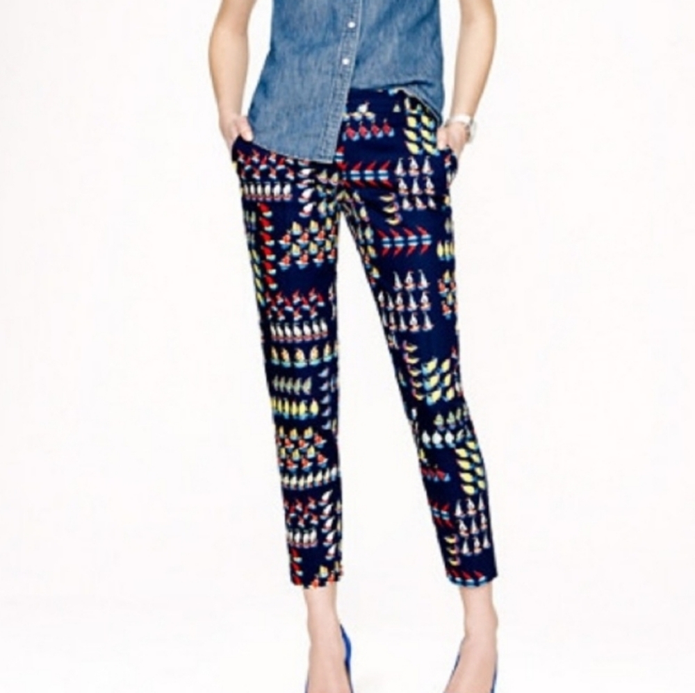 NWOT J.crew Nautical Sailboat Print Navy Blue Pleated Ankle Pants sz 00